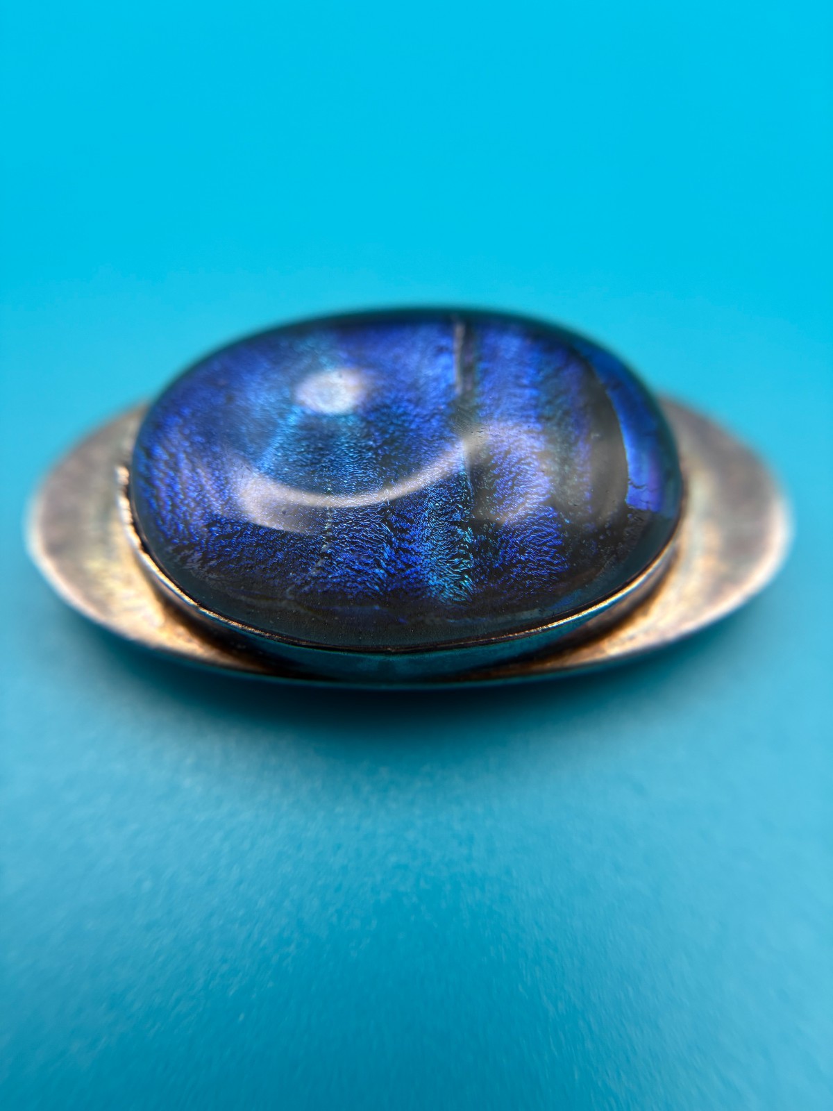 Studio Silver Cuff Bracelet Iridescent Cabochon Signed CM Sterling Modernist
