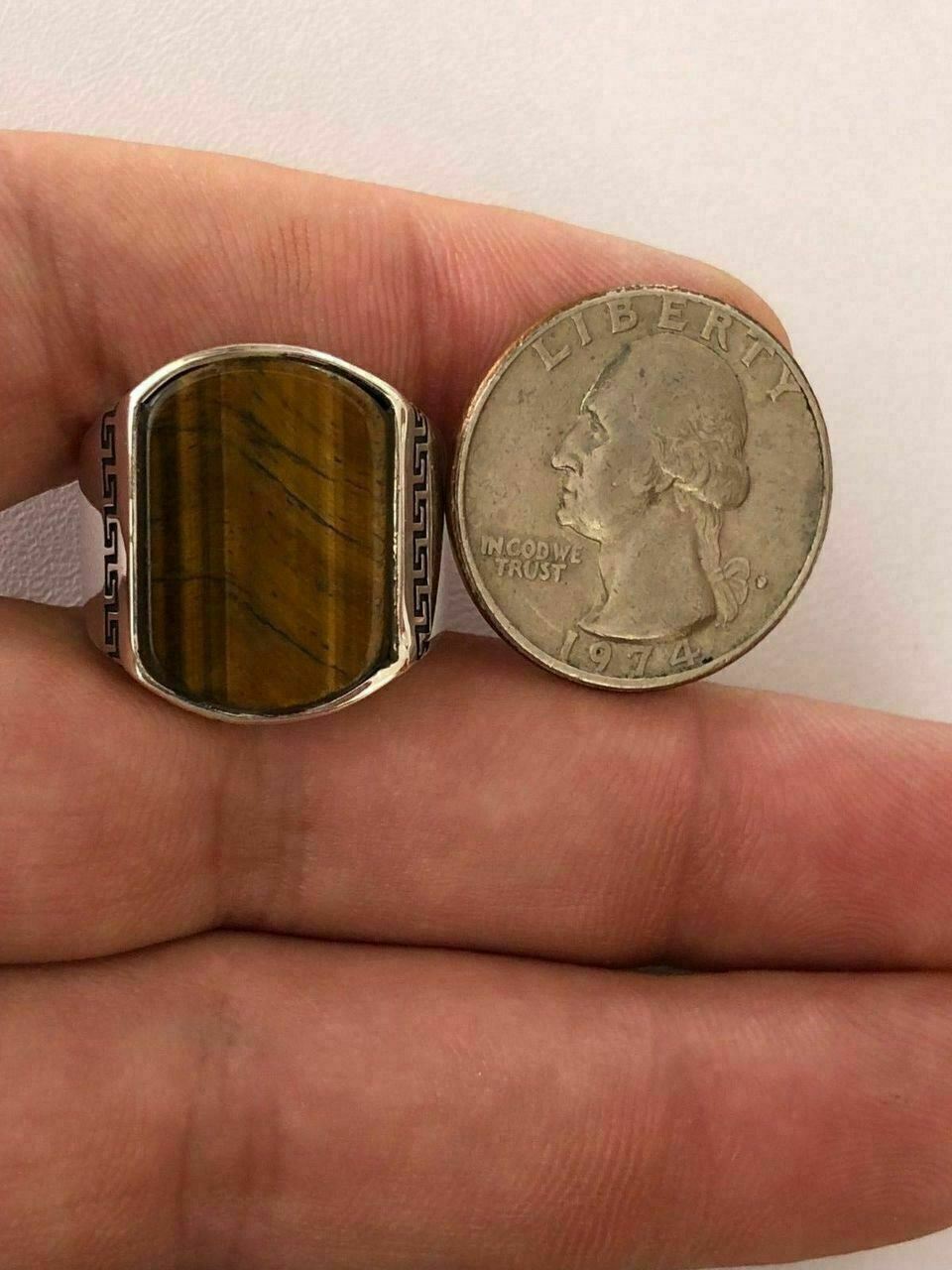 Solid 925 Sterling Silver Tiger’s Eye Mens Signet Ring Size 7 8 9 10 11 12 13