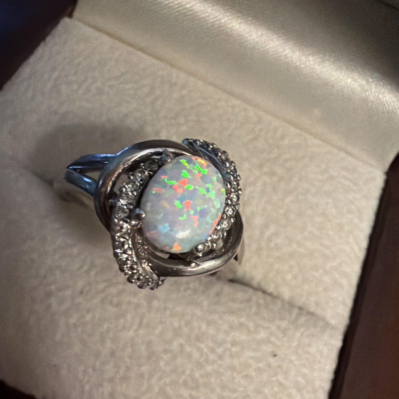 Vintage Opal Cubic Zirconia Sterling Silver Ring – Size 10 L