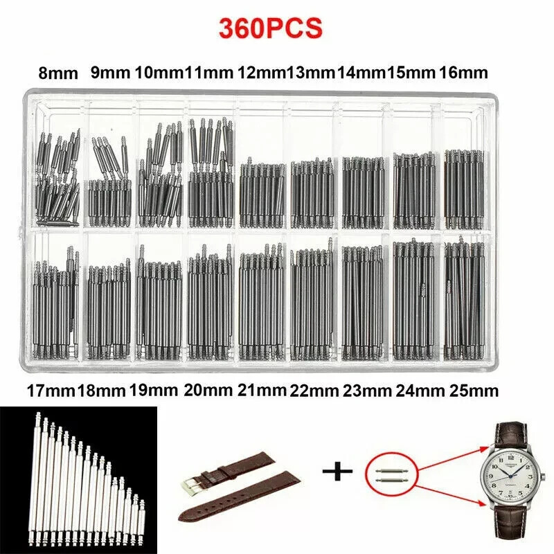 360pcs Watch PINS SPRING BARS Band Strap Link 8-25mm Repair Kit Stainless Steel