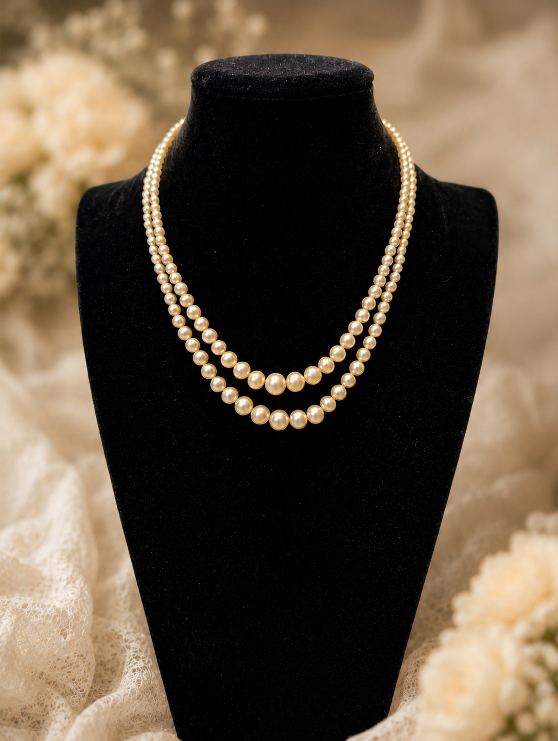 Vintage Double Strand Faux Pearl Necklace Sterling Silver Clasp Graduated 17″