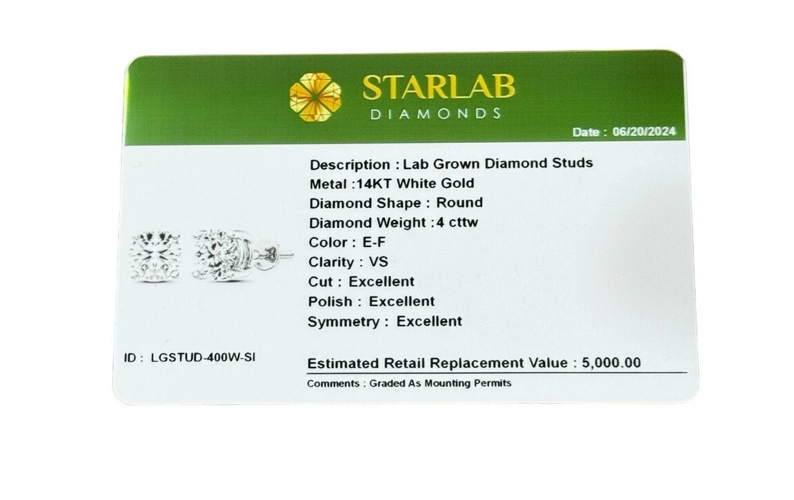 4 Ct Round Cut VS1/F Certified Lab Grown Diamond Stud Earrings 14k White Gold