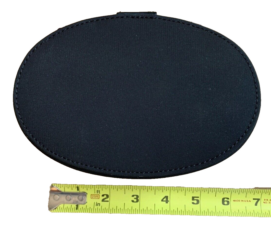 CALVIN KLEIN – BLACK FAUX LEATHER / FABRIC OVAL JEWELRY BOX – 6″ x 4″ x 3 1/2″