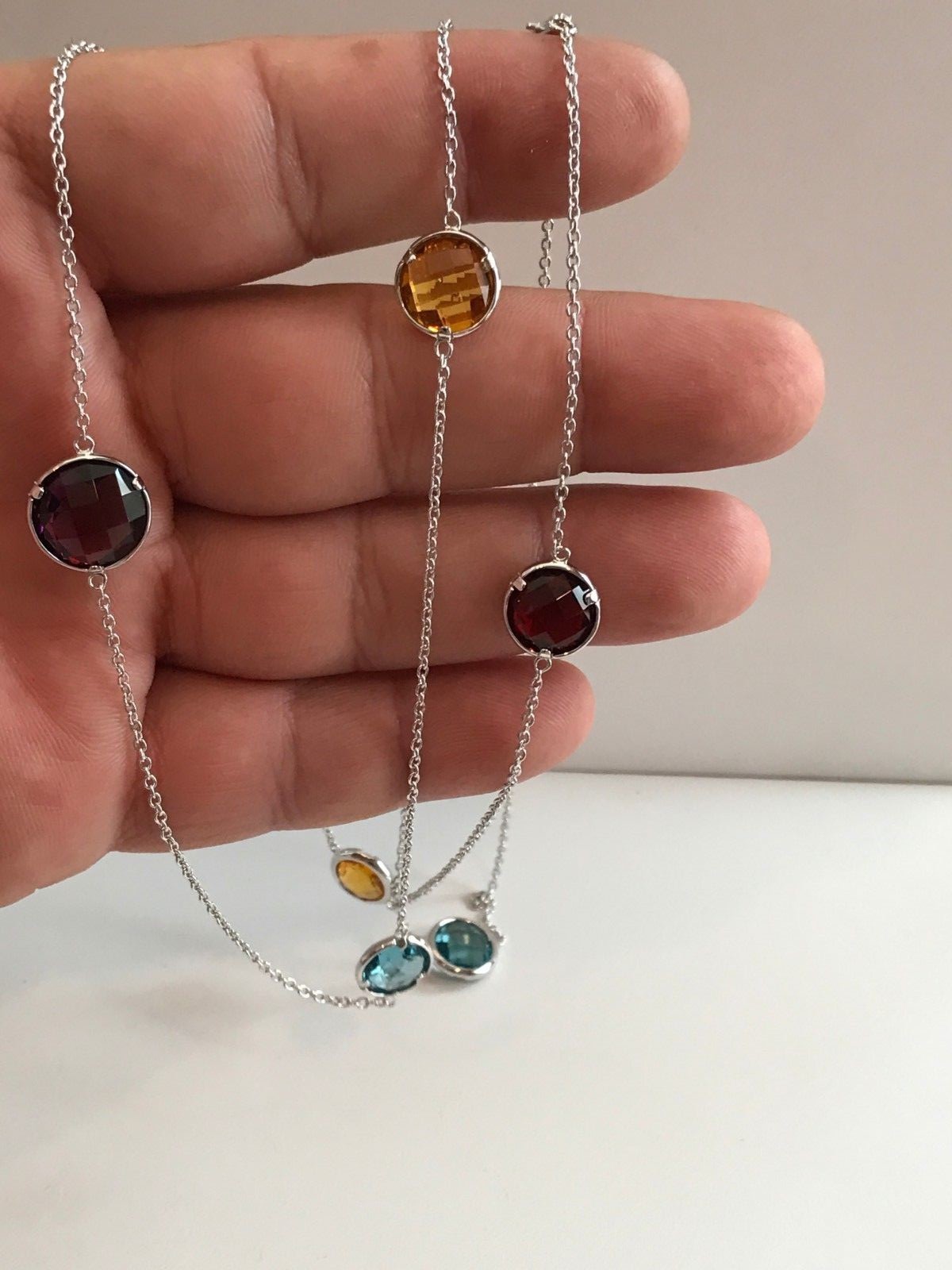 36” LONG MULTI- COLOR NECKLACE W/ MULTI- COLOR GEMSTONES / 925 STERLING SILVER
