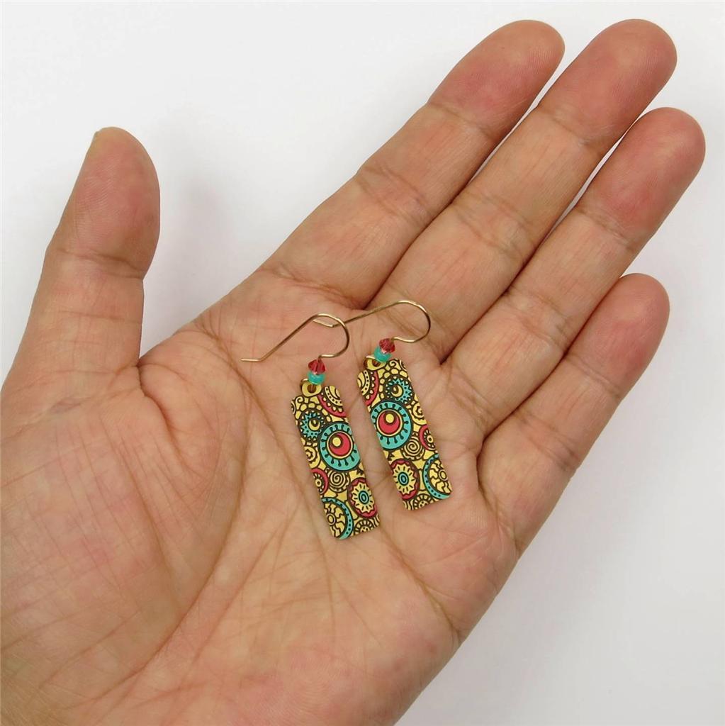 Adajio Earrings Tan Column with Circle Pattern in Turquoise & Salmon Handmade