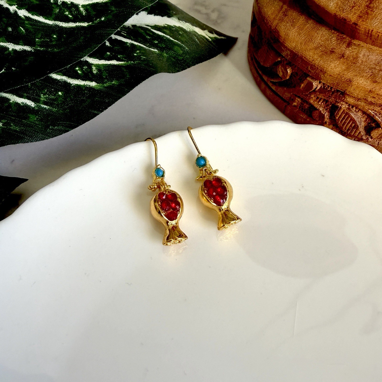 Mini Pomegranate Earrings Red Stone Seeds Blue Stone Gold Fruit Jewelry Gift NEW