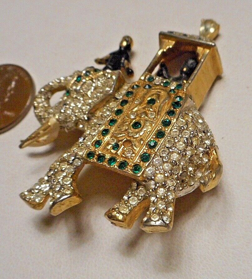 Vintage Boucher? Diamante & Emerald Rhinestone Pave Elephant w Howdah & Figures