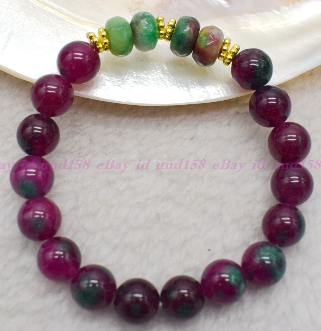 Natural 10mm Red Green Zoisite & 6-10mm Multicolor Jade Gemstone Beads 7.5″ AAA