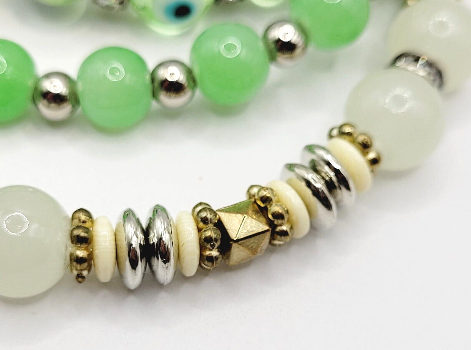 Modern Three Glass Bead w Rhinestone Jade Milky Glass Color Stretch Bracelet Set