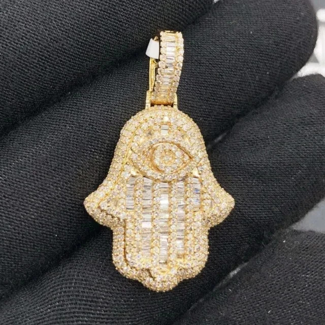 4Ct Baguette Real Moissanite Hamsa Hand Women’s Pendant 14K Yellow Gold Plated