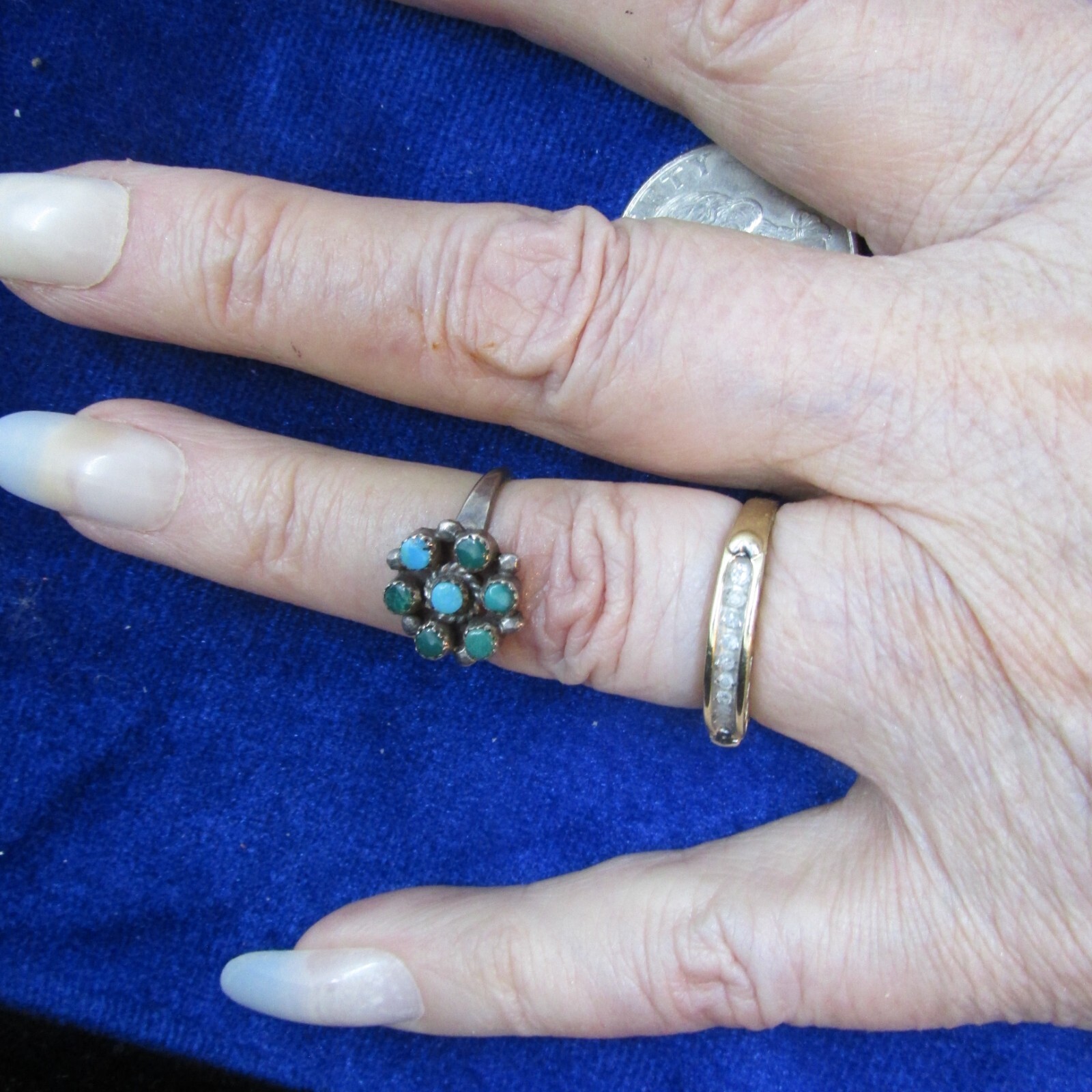 VTG SW N A TURQUOISE CLUSTER RING. VERY OLD, SIZE 5.5 STERLING