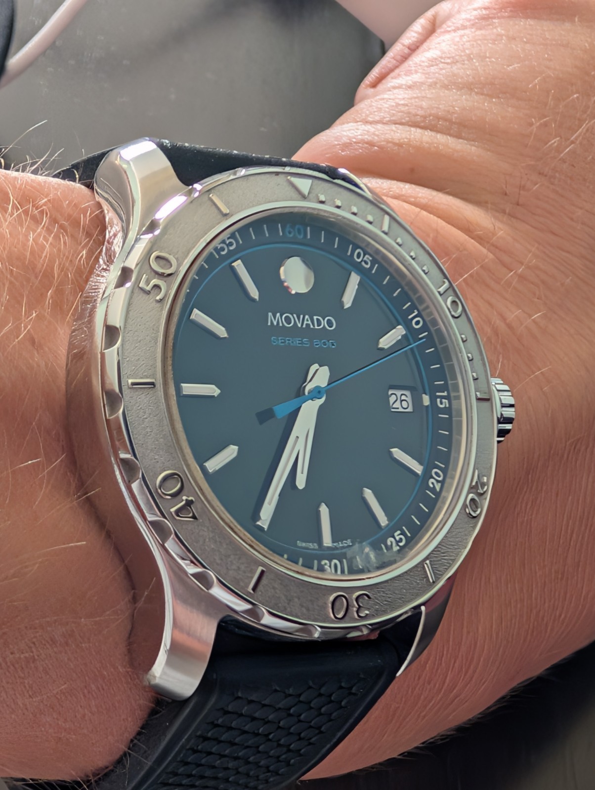 Movado Sport Series 800 Black/Blue Dial 40MM Watch Quartz Sapphire 14.1.14.1194