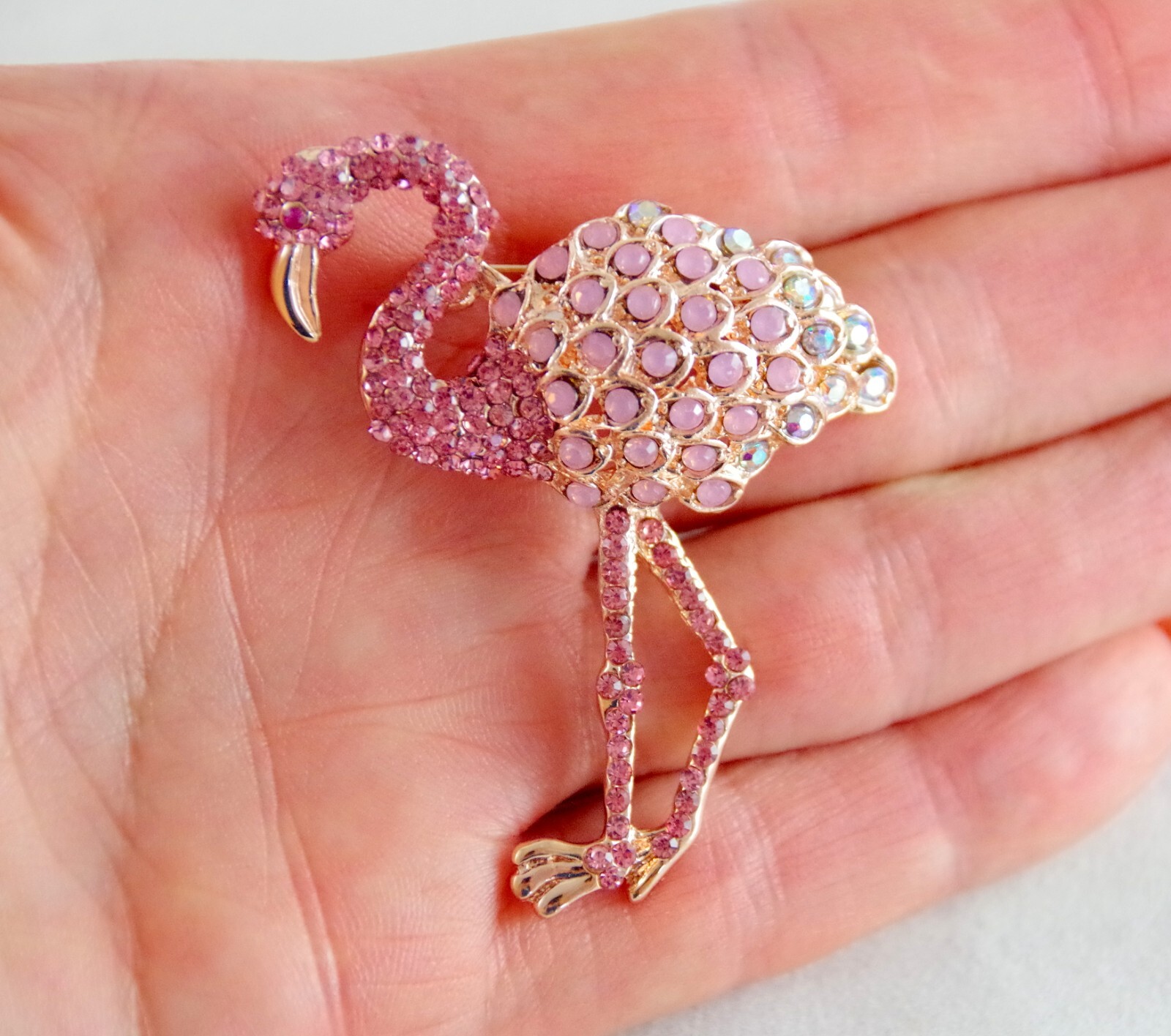 2 1/8″ NWOT PINK & AB RHINESTONE & GOLD TONE PINK FLAMINGO BIRD BROOCH PIN