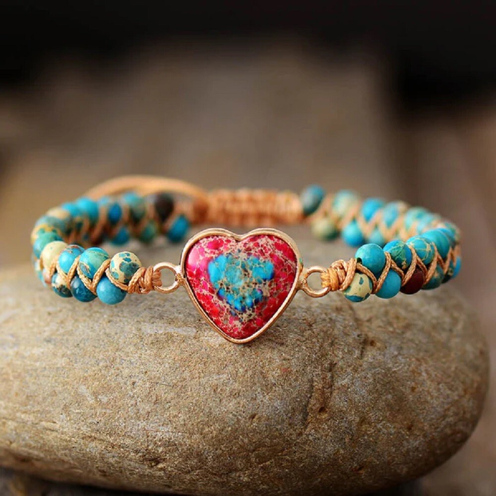 Jasper Stone Heart Charm Bracelet String Natural Bead Macrame Bracelet Anklet