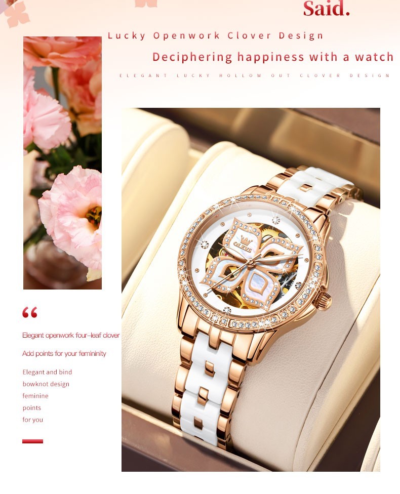 OLEVS 6612 Leather Ceramic Fashion Automatic Female Dress Mechanical Wristwatch