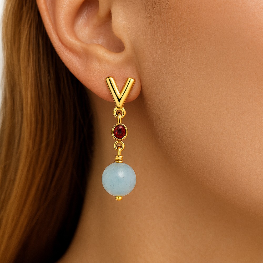 18K Gold Plated Brass V-Style Bead Drop Earrings for Women, Trendy TGE1047
