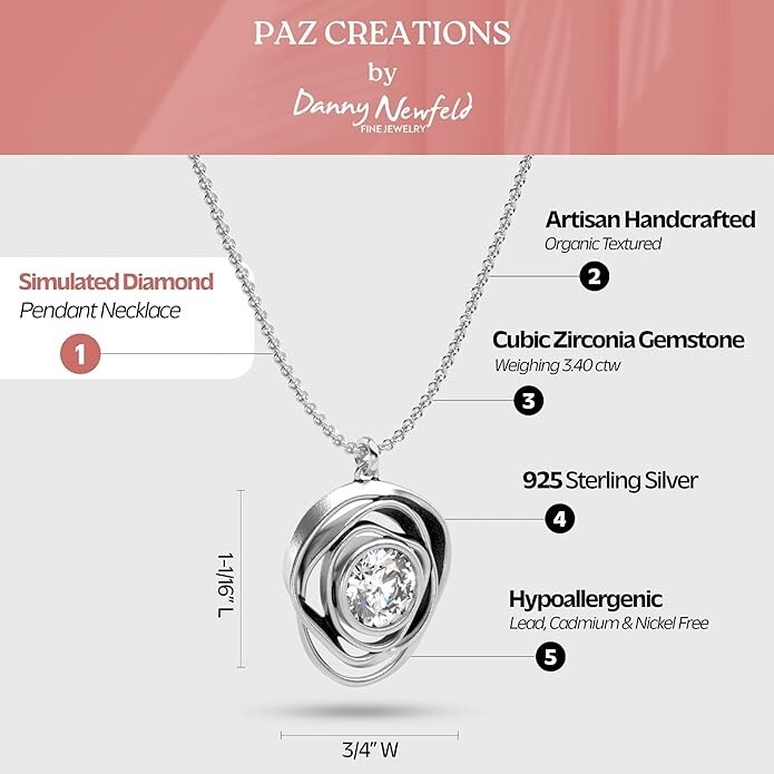 925 Sterling Silver Cubic Zirconia Necklace for Woman by Paz Creations, Sterling