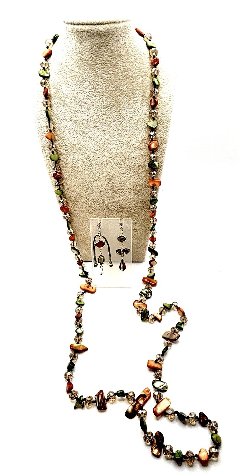 Artisan Dyed MOP & Crystal Long Necklace Asymmetrical Drop Earrings Set