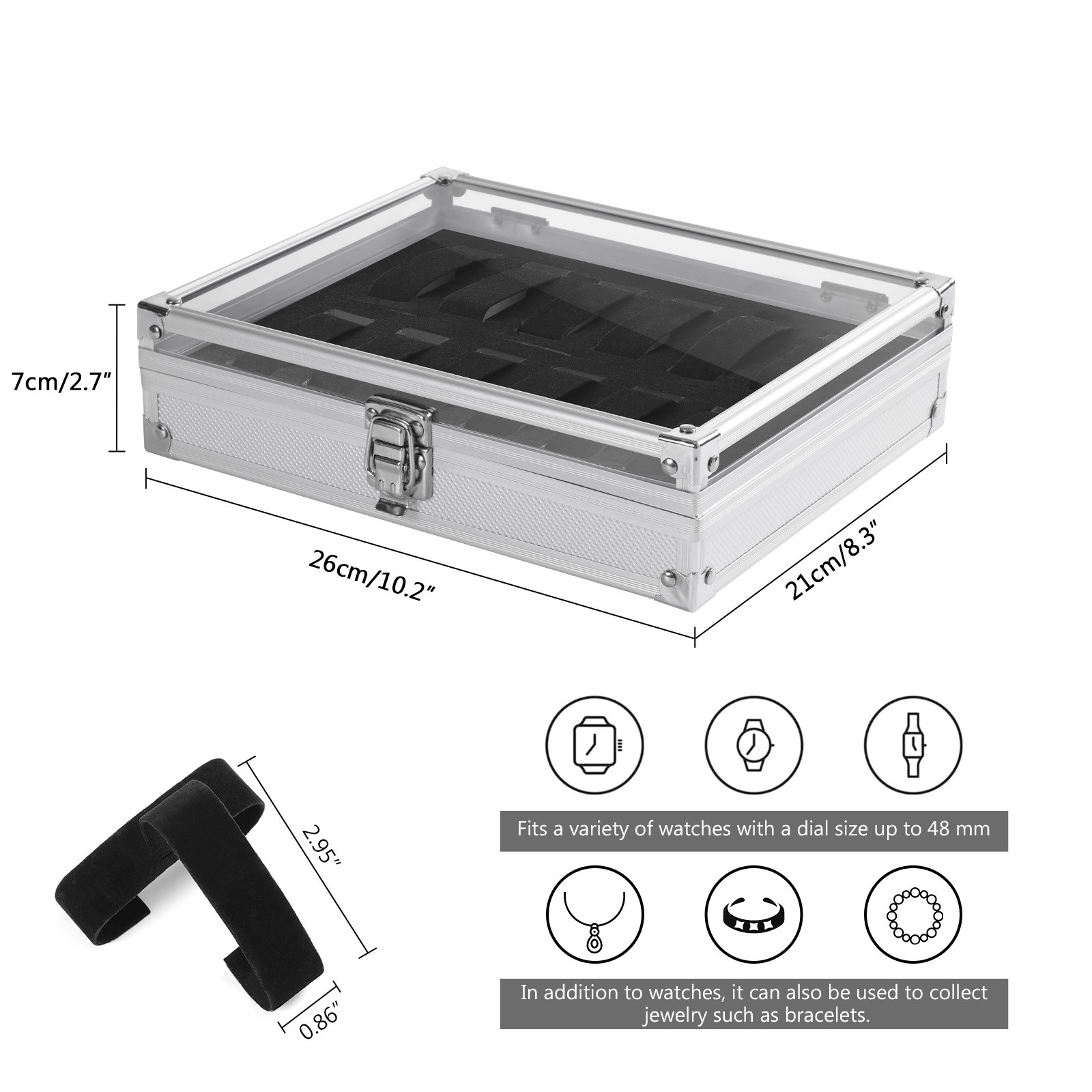 Lockable Aluminum Watch Display Case 12 Slot Watch Jewelry Storage Showing Box