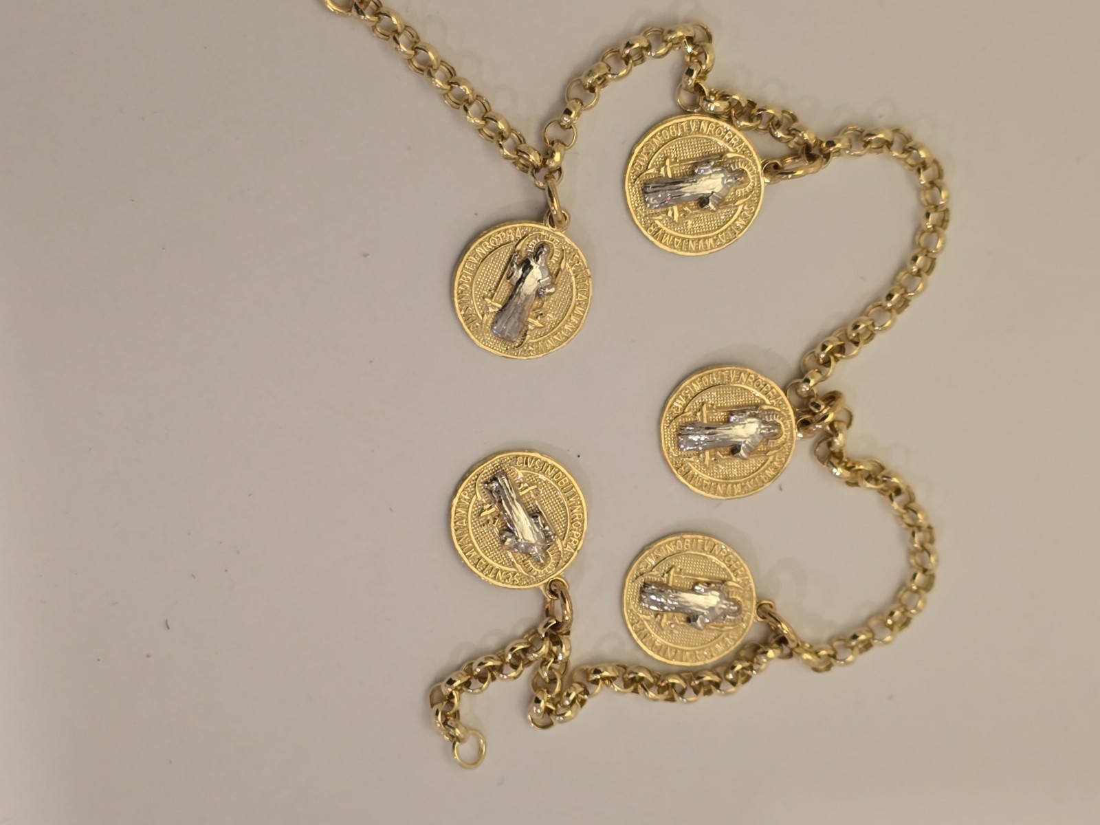 14k 2 Tone Gold San Benito Saint Benedict Rolo Chain Protection Bracelet