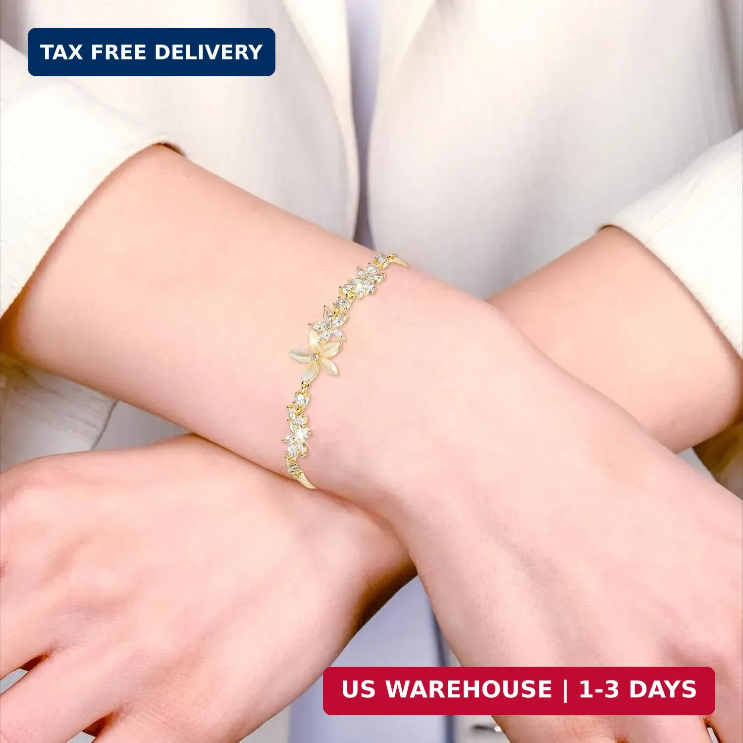 Gold Adjustable Bracelets for Women,Dainty Flower Bracelet Rhinestone Slider Flo