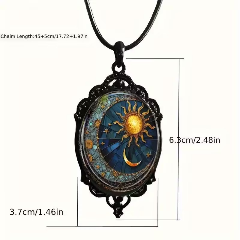 1pc Elegant Oval Glass Pendant Necklace with Sun And Moon Pattern