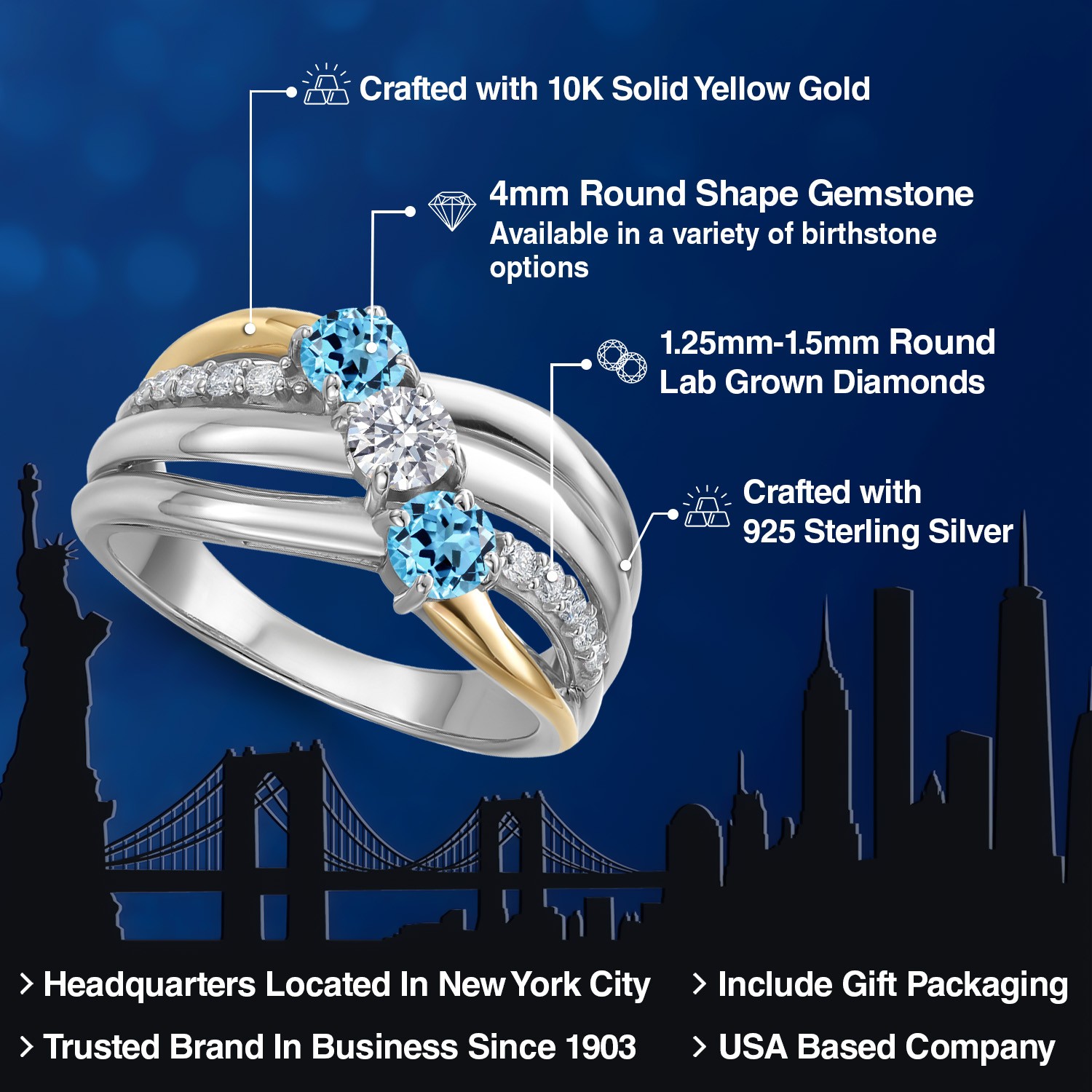 925 Silver and 10K Yellow Gold Swiss Blue Topaz and Lab Grown Diamond