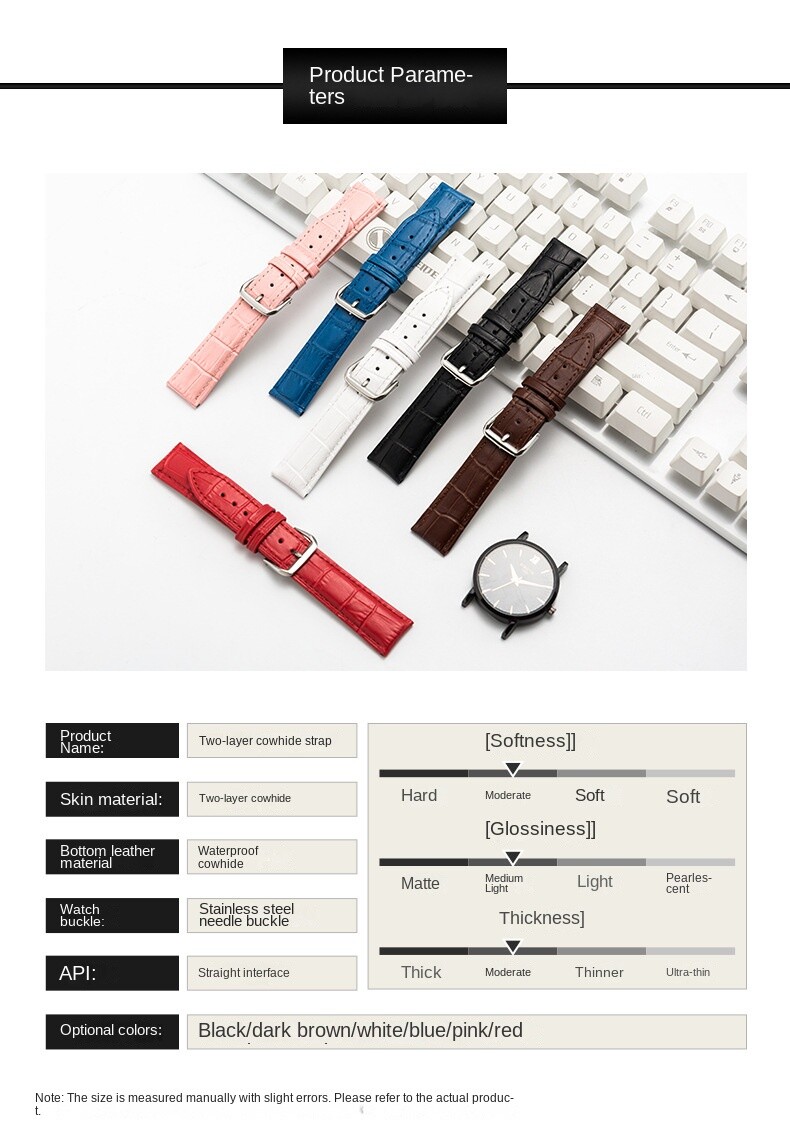 Leather watch with calfskin watch with pin buckle in various colors 10-24mm