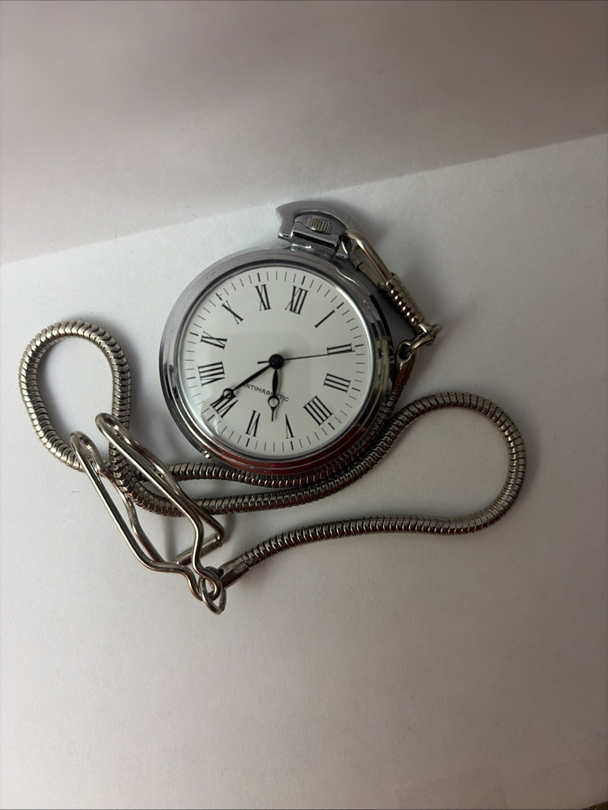 Mechanical Antimagnetic Open Face Pocket Watch Silver Chain Not Fully Working