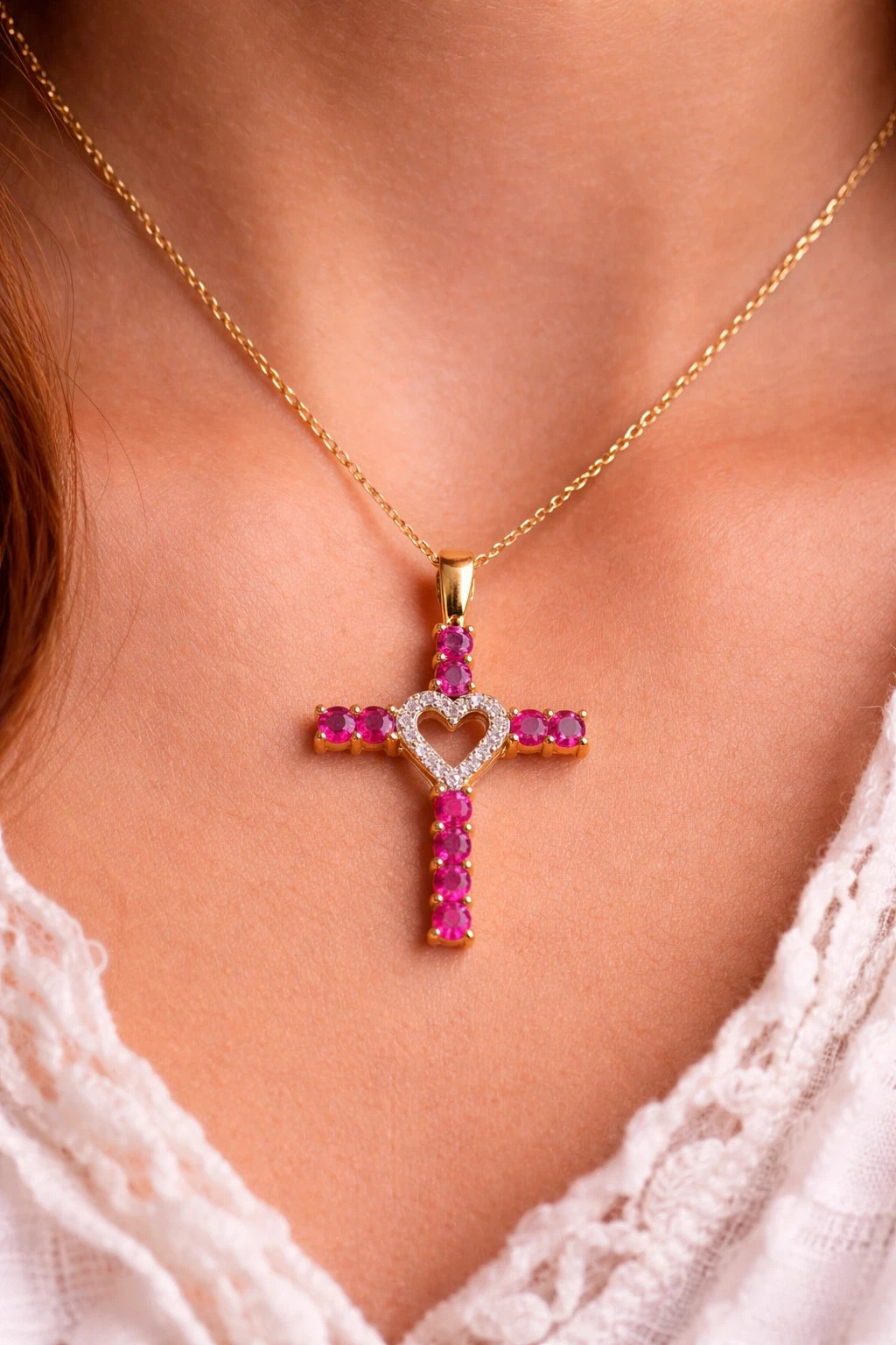 Heart Cross Pendant Necklace – Gold Tone Diamond Accent Religious Jewelry