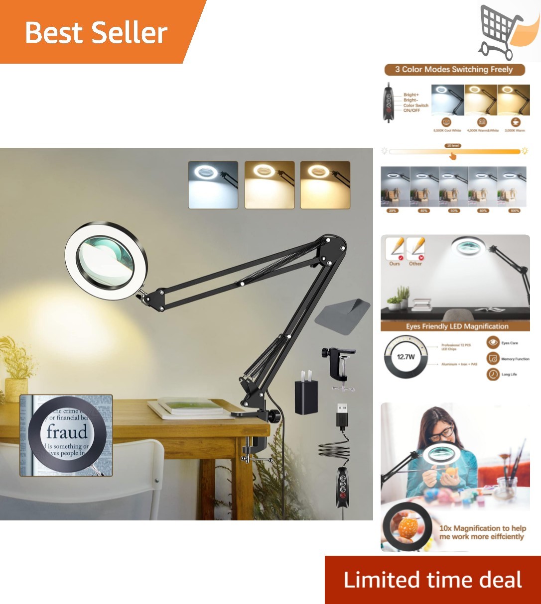 10X Magnifying Glass Light Clamp Large Lens Hand Free Craft Reading