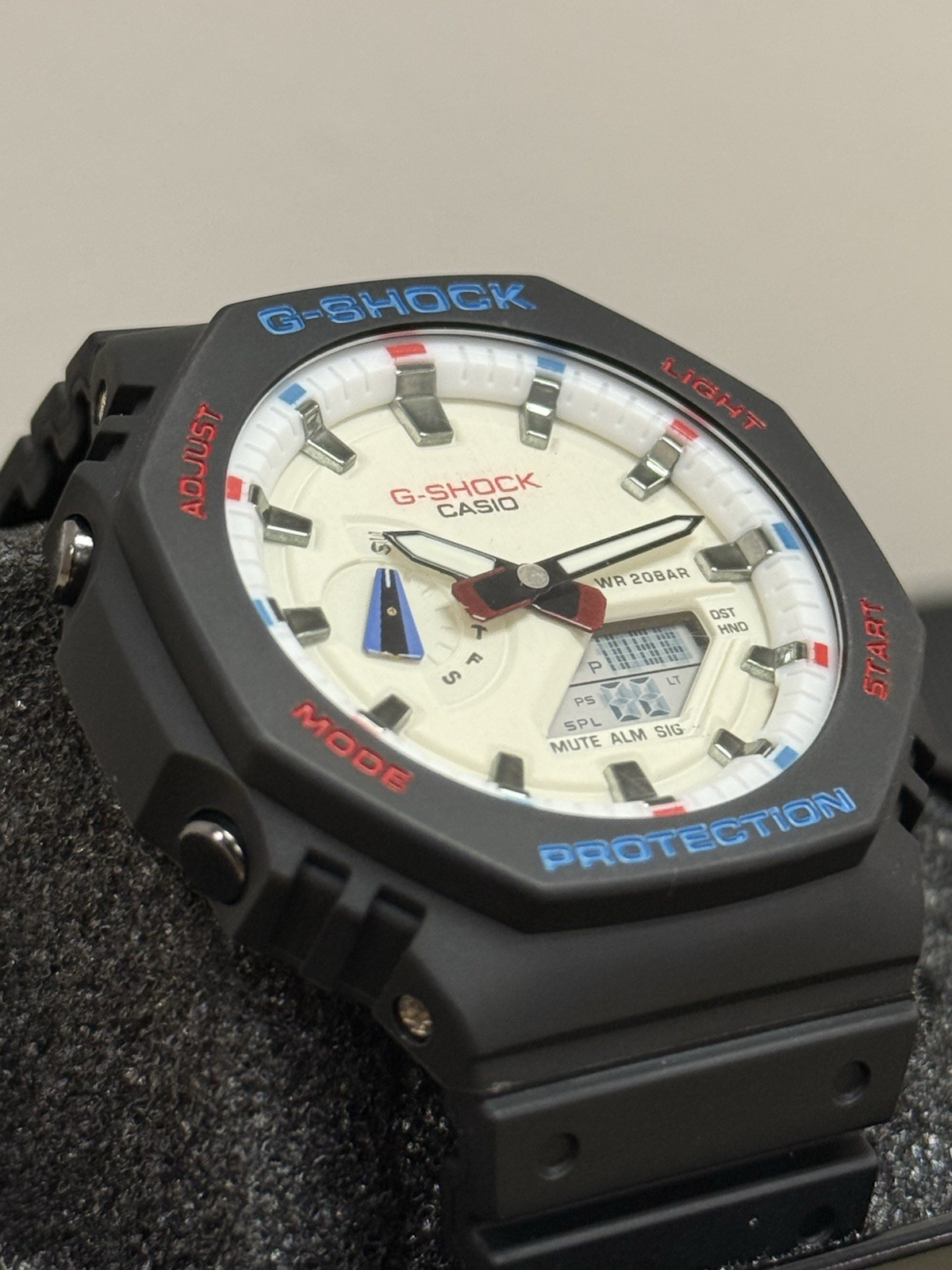Casio GA-2100 Black Resin Case/ Strap White Dial Red Blue Accents Silver Indices