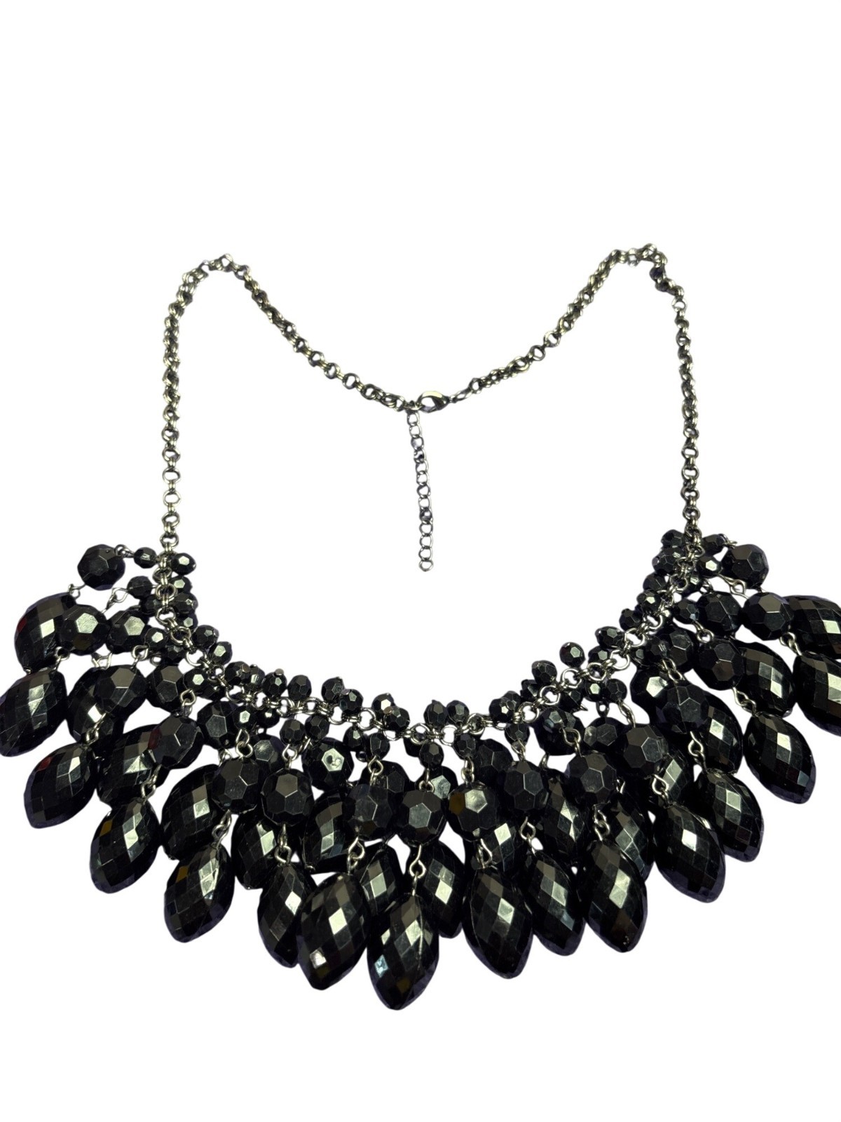 Statement Black Plastic Beaded Fringe Bib Necklace Gunmetal 21 – 23 inches Long