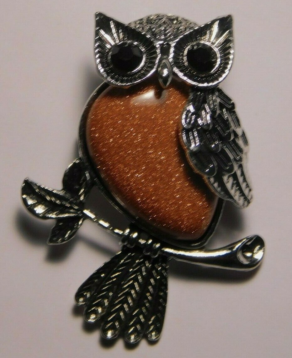 Owl Pendant Brooch Gold Sandstone Silver Wear as Pendant or Brooch