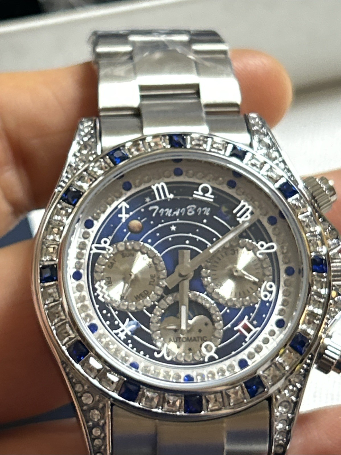 Stunning Celestial Blue Starry Dial Automatic Luxury Watch Blue Stainless