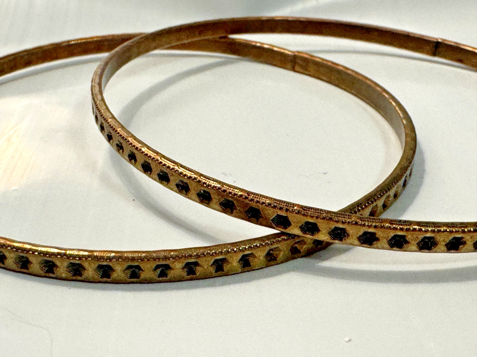 Vintage Copper Tone Bangle Bracelets Set of 2 Geometric Hexagon Etched 8.25 in.