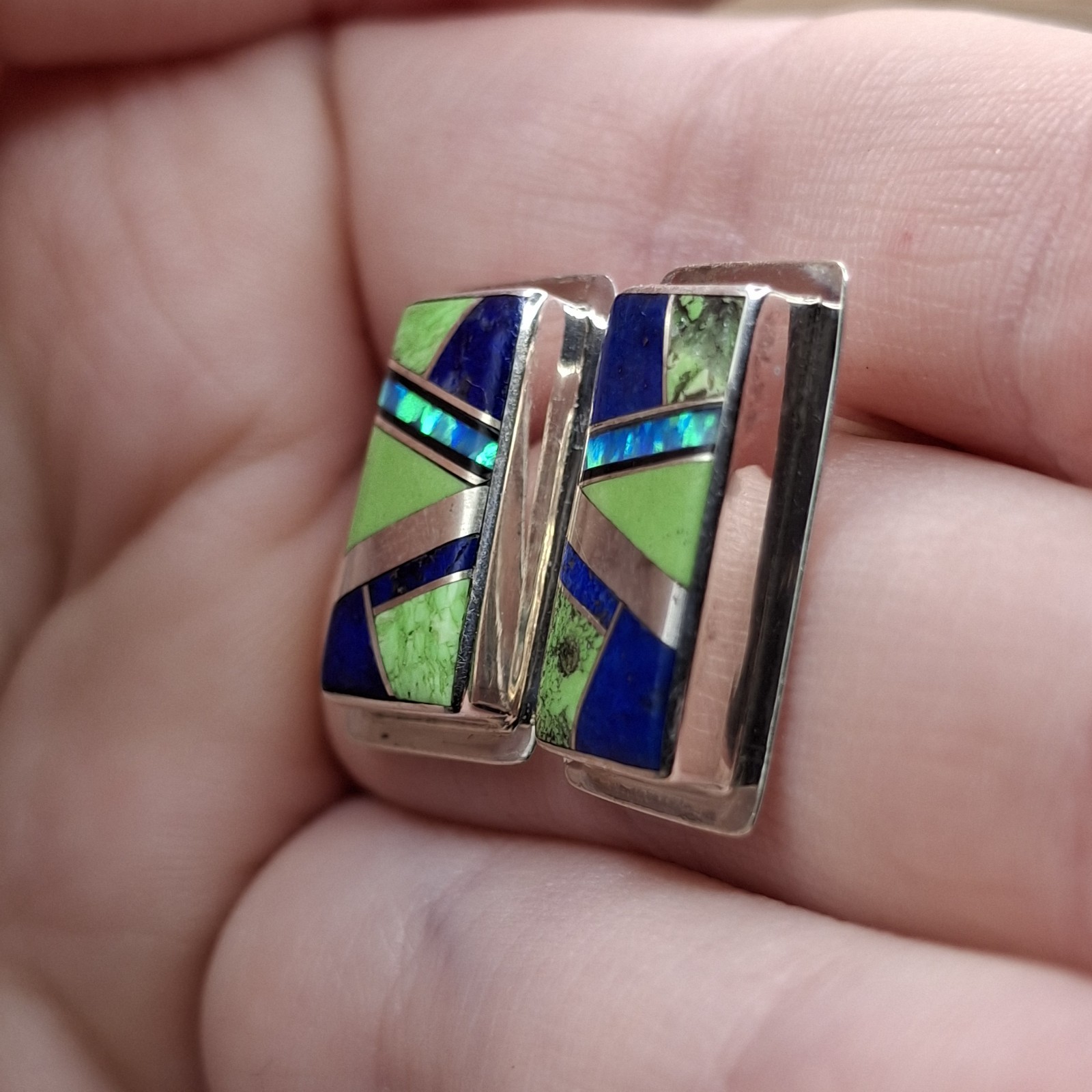 Native American Lapis Gaspeite Sterling Silver Stud Earrings Signed SF Francisco