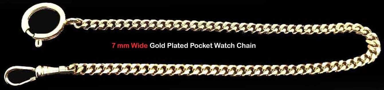 Gold Plated Strong 7 mm Wide Pocket Watch Chain With Clasp Ring and Swivel Hook