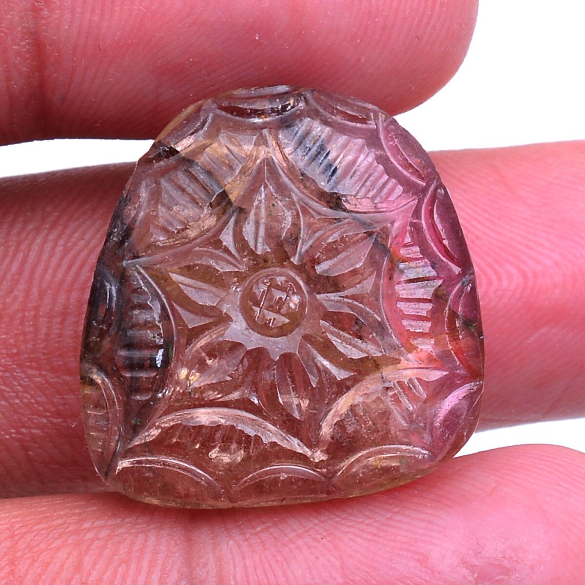 27.40 Cts Natural Carved Tourmaline 23mm*22mm Bi Color Untreated Loose Gemstone