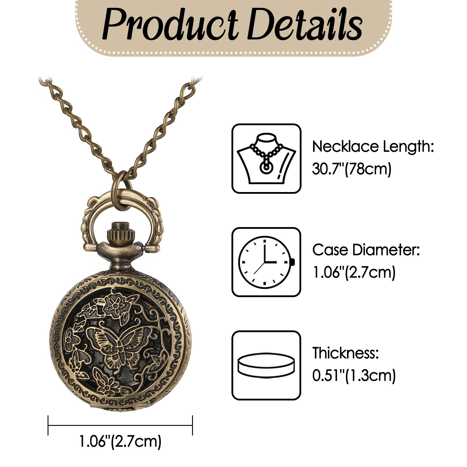 1.06″ Mini Vintage Antique Bronze Tone Openwork Quartz Pocket Watch Sweater Link