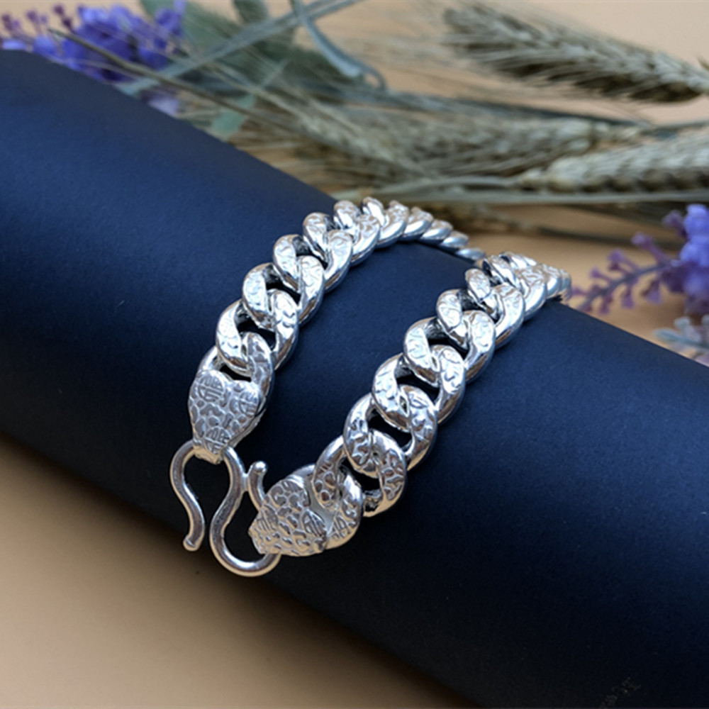 Fine Pure S999 Fine Silver Bracelet Women Men Engrave Curb Link 8mm-16mm