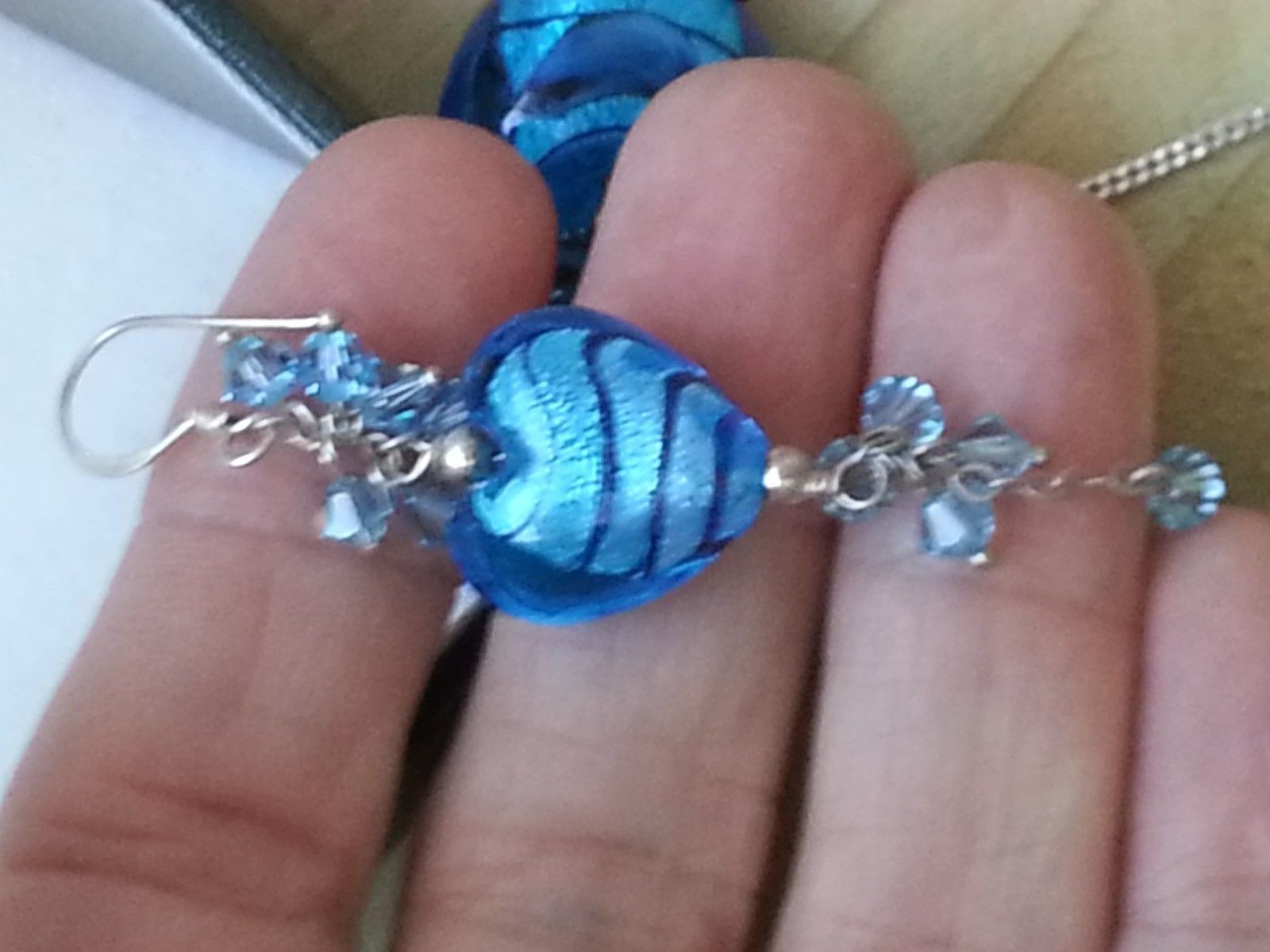 Blue Murano Glass Heart Shape Necklace With Matching Pierced Drop Earrings