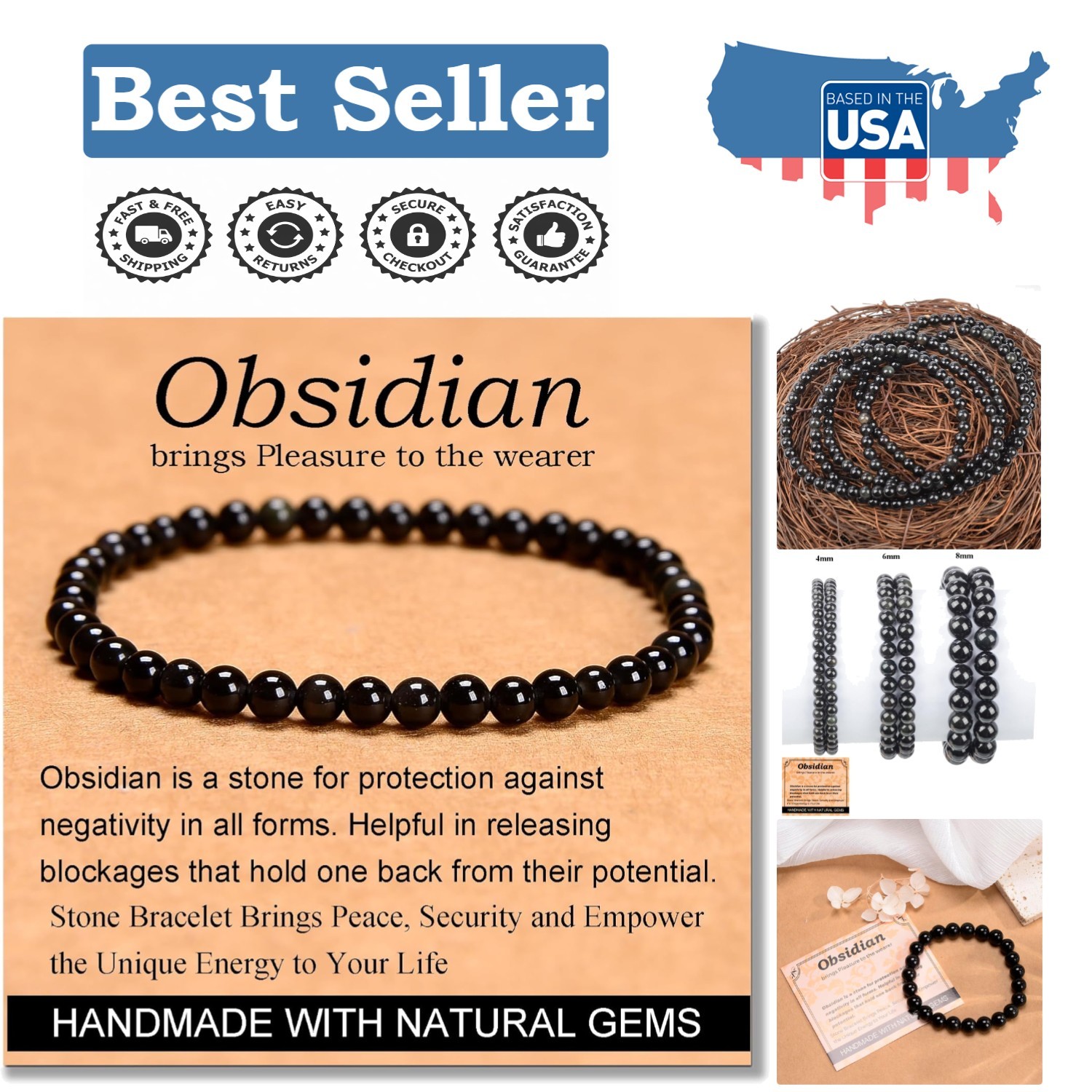 Handcrafted 4mm Black Obsidian Energy Bracelet – Perfect Gift for Any Occasion