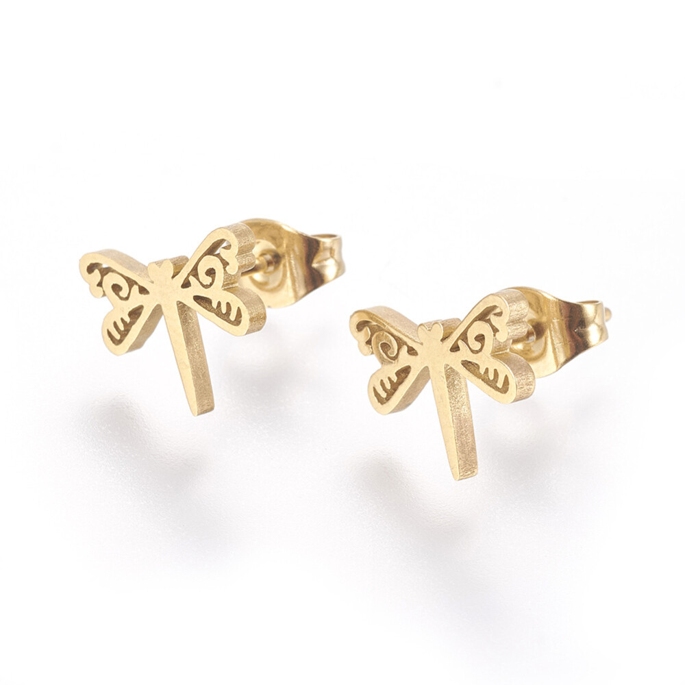 Stainless Steel Set Earrings Pendant Necklace Dragonfly Gold 18″ P865