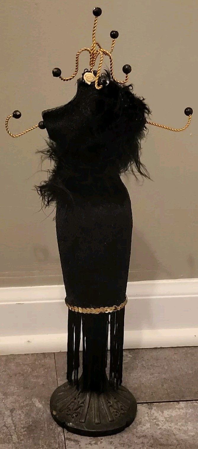 Victorian Style Fringed Sequin Mannequin Doll Hook Jewelry Holder Cameo Feathers