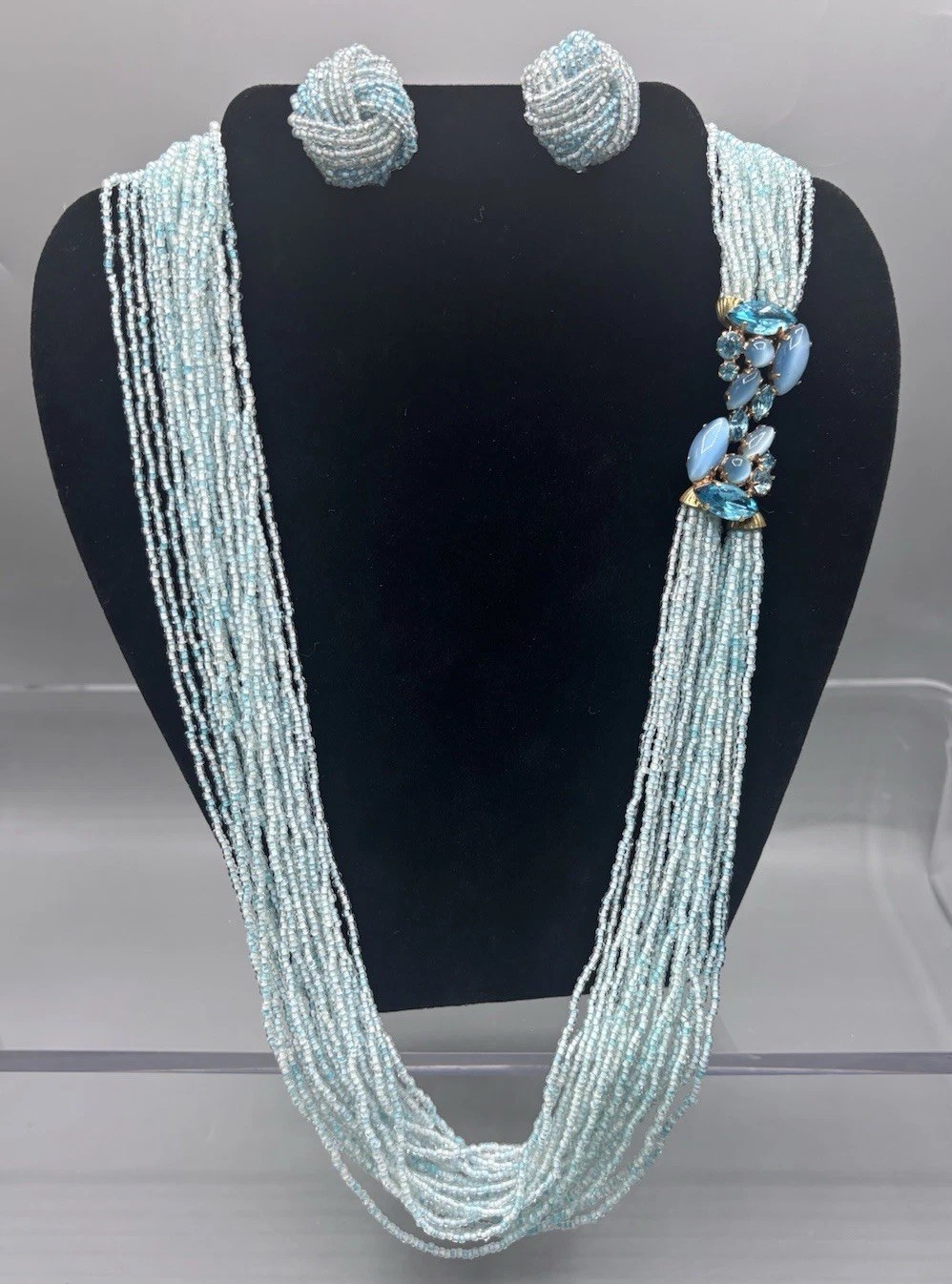 Vintage Glass Seed Bead Aqua Multi Strand Statement Necklace W/ Earrings 50’s