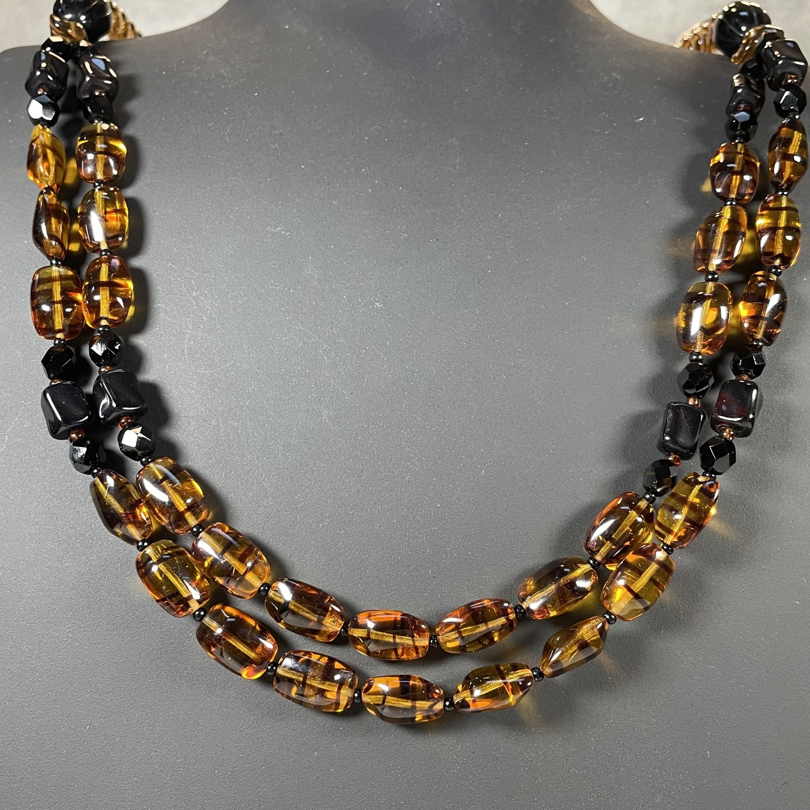 VTG ELLE of California Multi Strand Finest Bohemian Amber Glass Bead Necklace