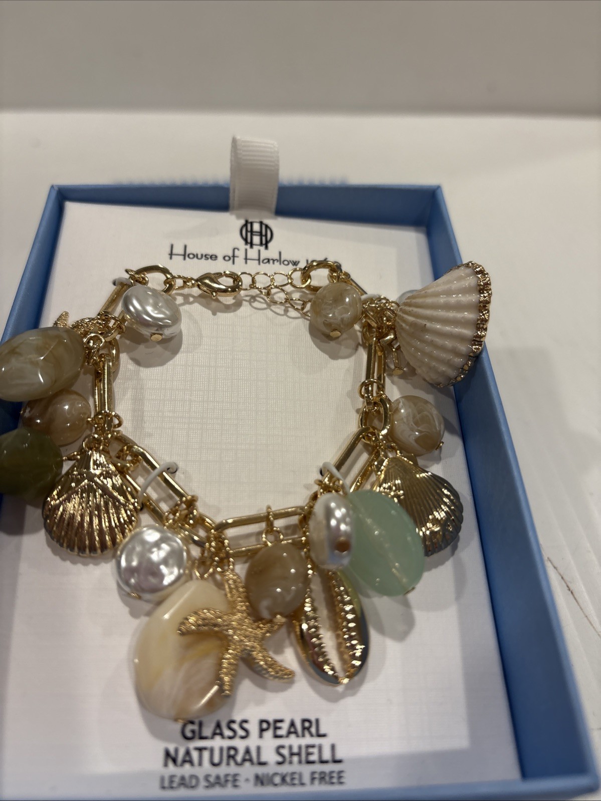 House of Harlow Glass Pearl and Natural Shell Beach Charm Bracelet NWT