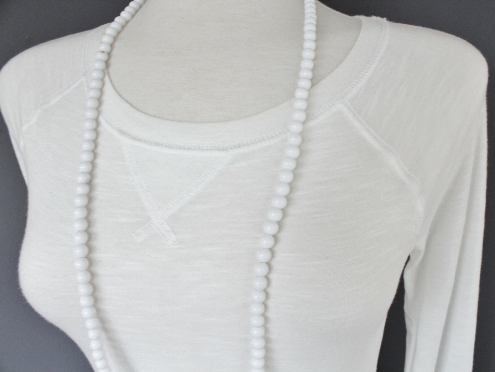 White bead long necklace extra long 44″ necklace beaded wrap double look wrapped