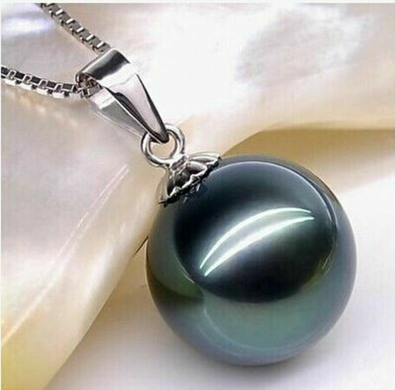 Tahitian Black SHELL Pearl 16mm pendant 925 Silver 18″ Necklace Holiday gift Box